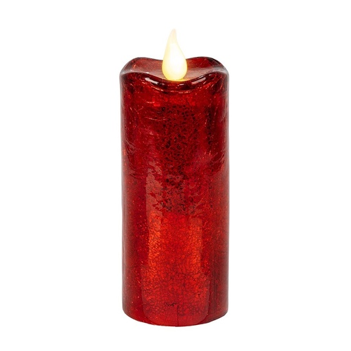 [600-48454] VELA DE CRISTAL, ROJO CRAQUELADO, CON DOS MODOS DE ILUMINACIÓN, 9X21.3CM