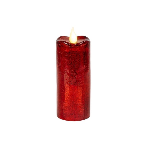 [600-48452] VELA DE CRISTAL, ROJO CRAQUELADO, CON DOS MODOS DE ILUMINACIÓN, 9X15.3CM
