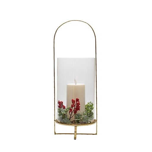 [600-48741] DECORADO FAROL, DORADO, CON BAYAS, CON PILAS VELA, 17X16X46CM