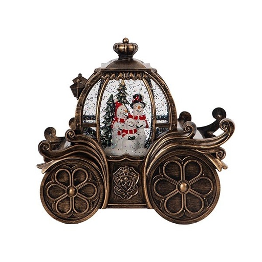 [600-48305] VINTAGE CARRUAJE CON MUÑECO DE NIEVE, CON AGUA EN EL INTERIOR, A PILAS, 20X11.5X18.5CM