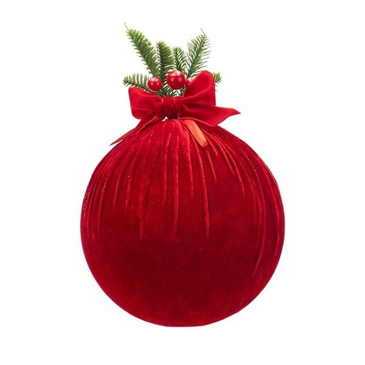 [600-49427] TERCIOPELO BOLA CON RAMA DE ABETO, BAYAS, Y LAZO, ROJO, 26CM