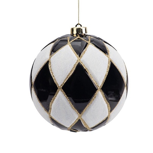 [600-49118] PLÁSTICO BOLA CON ROMBOS, NEGRO Y BLANCO CON DORADO RAYAS, JUEGO 2UDS, 15CM