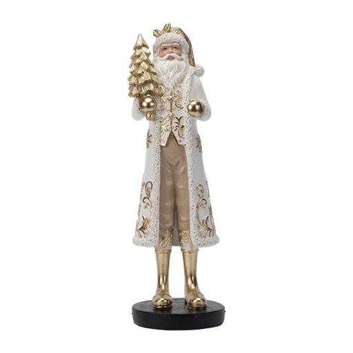 [600-48645] PAPÁ NOEL, BLANCO CON DORADO DETALLES Y DORADO ÁRBOL, POLIRRESINA, 8.5X9XX27CM