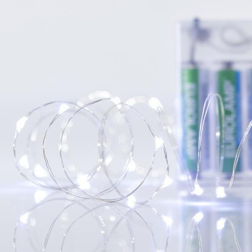 [601-11220] GUIRNALDA LINEAL, 20 MINI LED, CAJA DE PILAS 3XAA, HILO DE COBRE PLATEADO, LED BLANCO CADA 10CM, CABLE DE ALIMENTACIÓN 30CM, IP20
