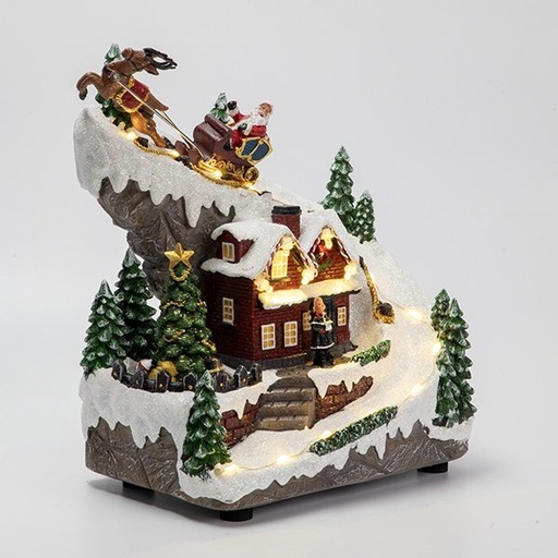[600-48398] NAVIDAD CHALET CON PAPÁ NOEL Y TRINEO, CON MÚSICA Y MOVIMIENTO, A PILAS, 17.5X11.5X27CM