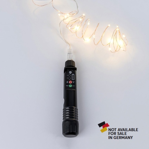 [600-19120] GUIRNALDA LINEAL, 40 MINI LED CON ALIMENTACIÓN HUCHA CARGADOR, 3V-4.5V, PILA 800 MAH, 8 M/H, MANDO A DISTANCIA (TEMPORIZADOR & REGULADOR), HILO DE COBRE PLATEADO, LED BLANCO CÁLIDO CADA 10CM, CABLE DE ALIMENTACIÓN 30CM, IP44