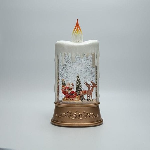 [600-48149] ILUMINADO DE SOBREMESA EN VELA FORMA, CON PAPÁ NOEL Y TRINEO, CON CON AGUA EN EL INTERIOR, A PILAS, TEMPORIZADOR, 15.5X9.5X30CM