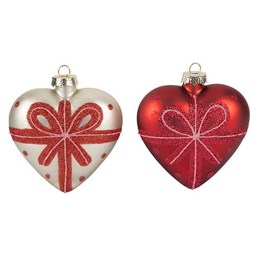 [600-48170] CRISTAL ADORNO CORAZÓN, ROJO Y PLATEADO CON ROJO ROSA LAZO, 2 DISEÑOS, 8X5CM